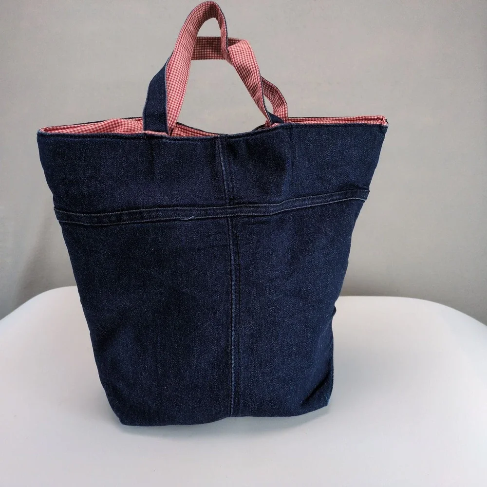 Vintage Y2K Tommy Hilfiger Dark Denim Tote Bag Red Gingham Cotton Lined Purse